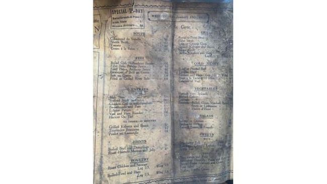 Sepotong daftar menu tua dan sejarah lokal dari tahun 1913 ditemukan saat proses renovasi dan pembangunan di Liverpool, Inggris.